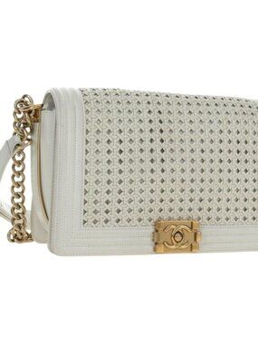 CHANEL Chain Boy Chanel Shoulder Bag Leather White Gold CC Auth ka4428V
